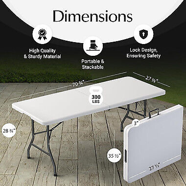 Plastic folding table folded in half with carrying handle for easy storage