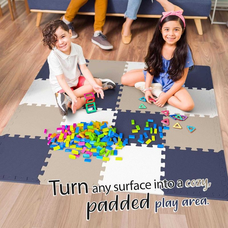 Colorful foam play mat tiles connected for a toddler playroom floor