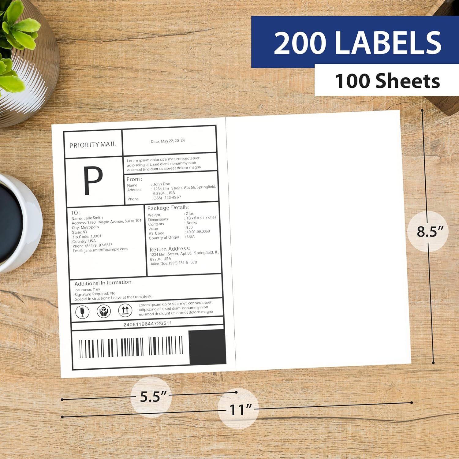 200-4000 Premium 8.5x5.5 Shipping Labels Half Sheet Self Adhesive