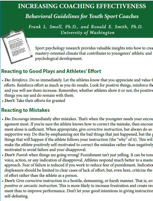Increasing Coaching Effectiveness: Behavioral Guidelines for Youth Sport Coaches Increasing Coaching Effectiveness: Behavioral Guidelines for Youth Sport Coaches