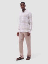 BUGATCHI-JULIAN PLAID PRINT LINEN SHIRT -SAND