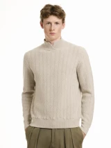 LORENZONI -WOOL & CASHMERE HERRINGBONE OPEN MIOCK SWEATER - NAT.