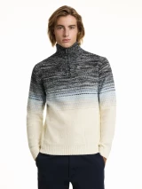 IMPULSO-L/S ZIP HONEYCOMB PATTERN HIGH COLLAR SWEATER-ECRU