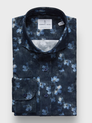 EB -COTTON CORDUROY FLORAL SPORT CASUAL SHIRT -NAVY