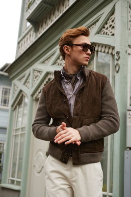 EB - PREMIUM LUXURY HYBRID SUEDE CARDIGAN SWEATER W/2 POCKETS -BROWN