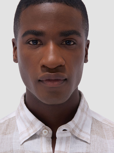 BUGATCHI-JULIAN PLAID PRINT LINEN SHIRT -SAND