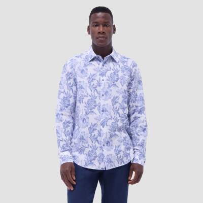 BUGATCHI - JULIAN WHITE COBALT FLORAL LINEN SHIRT