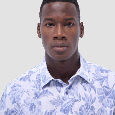BUGATCHI - JULIAN WHITE COBALT FLORAL LINEN SHIRT
