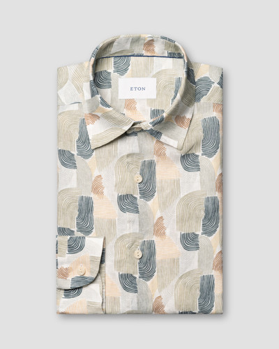 ETON- GEOMETRIC PRINT LINEN SHIRT -MID GREEN