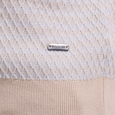 BUGATCHI-TWO-TONE HONEYCOMB BUTTON-FRONT S/L SWEATER -ALMOND