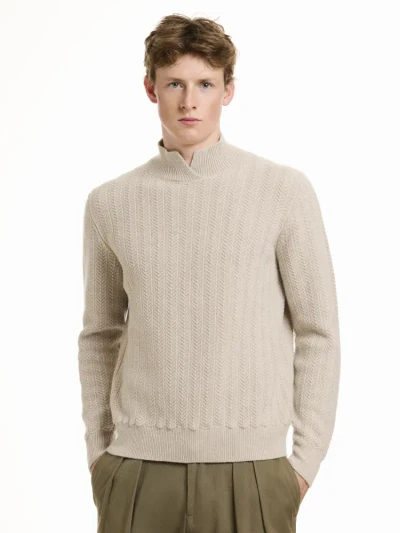 LORENZONI -WOOL & CASHMERE HERRINGBONE OPEN MIOCK SWEATER - NAT.