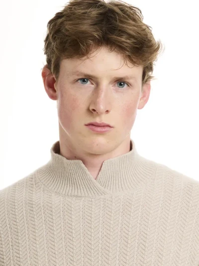 LORENZONI -WOOL & CASHMERE HERRINGBONE OPEN MIOCK SWEATER - NAT.