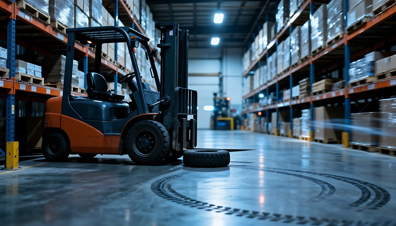 Forklift in a warehouse leaving dark black tire marks on a polished concrete floor