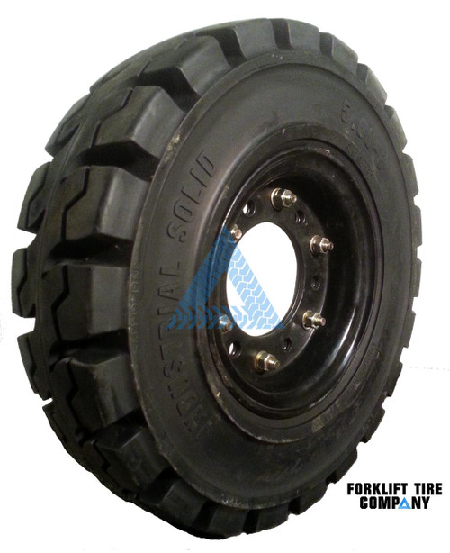 5.00x8 Black Rubber Forklift Resilient Solid Tire and Wheel | 8x3 6-Hole Split Wheel Assembly 
