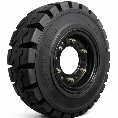5.00x8 Black Rubber Forklift Resilient Solid Tire and Wheel | 8x3 6-Hole Split Wheel Assembly