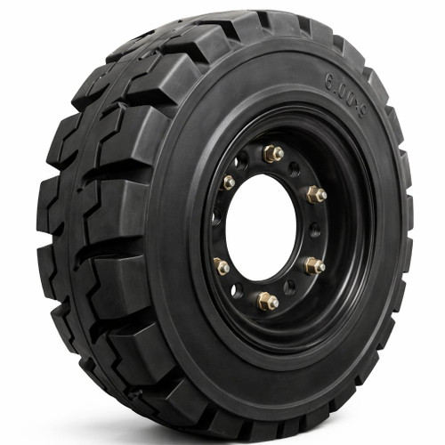 6.00x9 Black Rubber Forklift Resilient Solid Tire and Wheel | 9x4 6-Hole Split Wheel Assembly