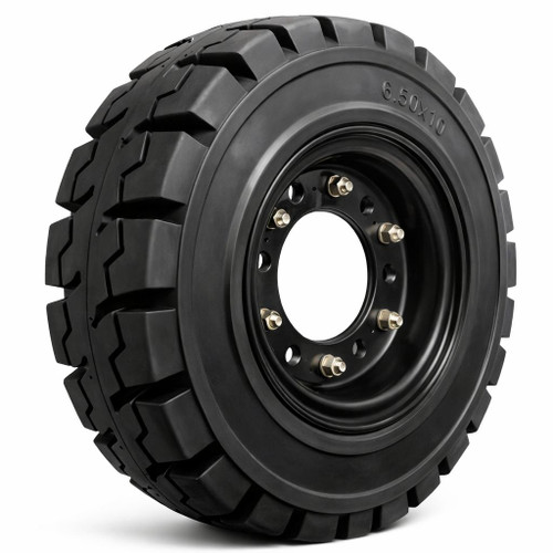 6.50x10 Black Rubber Forklift Resilient Solid Tire and Wheel | 10x5 6-Hole Split Wheel Assembly
