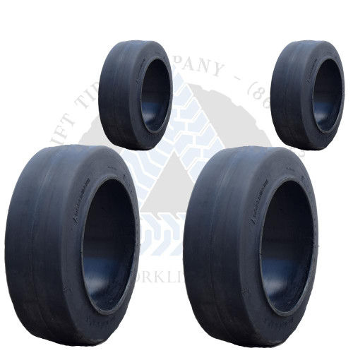 20x8x16 and 17x5x12-1/8 Set of 4 Cushion Press On Solid Tires. Forklift Best Choice Rubber