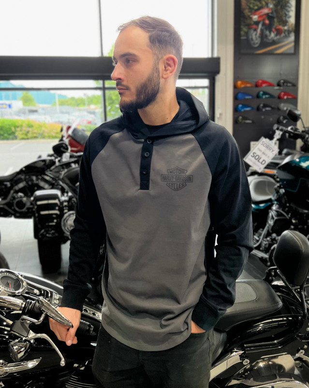 Men's HDMC Raglan Henley with Hood - Colorblock - Asphalt & Harley Black