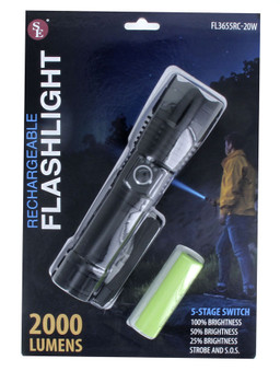 2000 Lumen Adjustable Focus Rechargeable Black Flashlight