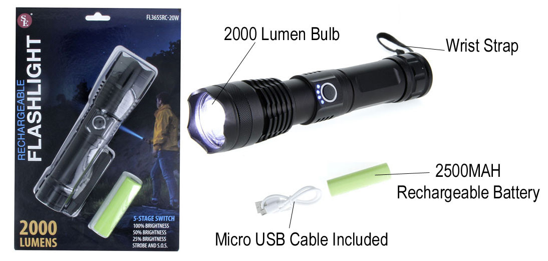 2000 Lumen Adjustable Focus Rechargeable Black Flashlight