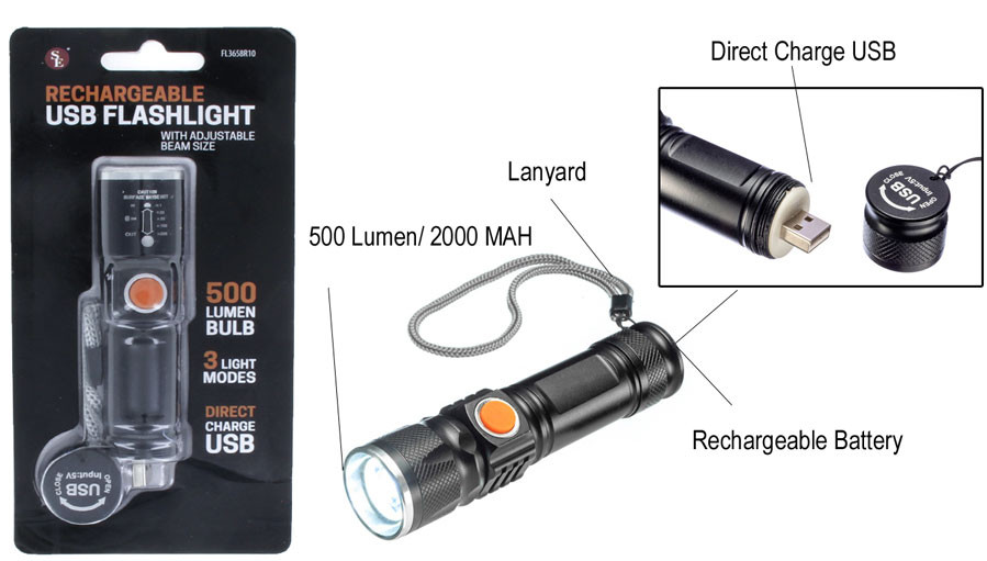 500 Lumen Adjustable Focus USB Rechargeable Direct Charge Flashlight