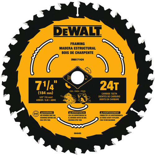 DeWalt 7-1/4 in. Dia. x 5/8 in. Tungsten Carbide Tipped Circular Saw Blade 24 teeth