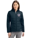 Milwaukee Brewers Stars & Stripes Cutter & Buck Evoke Hybrid Softshell Recycled Full Zip Womens Hooded Jacket Navy Blue Front Thumbnail Image