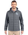 Tampa Bay Rays Cutter & Buck Evoke Hybrid Softshell Recycled Full Zip Mens Hooded Jacket Elemental Grey Front Thumbnail Image