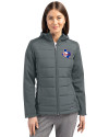 Texas Rangers Cooperstown Cutter & Buck Evoke Hybrid Softshell Recycled Full Zip Womens Hooded Jacket Elemental Grey Front Thumbnail Image