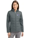 Buffalo Bills NFL Helmet Cutter & Buck Evoke Hybrid Softshell Recycled Full Zip Womens Hooded Jacket Elemental Grey Front Thumbnail Image