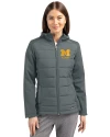 Michigan Wolverines Alumni Cutter & Buck Evoke Hybrid Softshell Recycled Full Zip Womens Hooded Jacket Elemental Grey Front Thumbnail Image