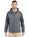 Michigan Wolverines College Vault Cutter & Buck Evoke Hybrid Softshell Recycled Full Zip Mens Hooded Jacket Elemental Grey Front Thumbnail Image