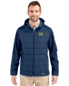 Michigan Wolverines College Vault Cutter & Buck Evoke Hybrid Softshell Recycled Full Zip Mens Hooded Jacket Navy Blue Front Thumbnail Image