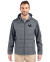 Denver Broncos NFL Helmet Cutter & Buck Evoke Hybrid Softshell Recycled Full Zip Mens Hooded Jacket Elemental Grey Front Thumbnail Image