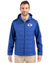 Brigham Young Cougars Cutter & Buck Evoke Hybrid Softshell Recycled Full Zip Mens Hooded Jacket Tour Blue Front Thumbnail Image