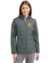 ETSU Buccaneers Cutter & Buck Evoke Hybrid Softshell Recycled Full Zip Womens Hooded Jacket Elemental Grey Front Thumbnail Image