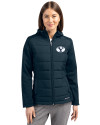 Brigham Young Cougars Cutter & Buck Evoke Hybrid Softshell Recycled Full Zip Womens Hooded Jacket Navy Blue Front Thumbnail Image