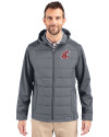 Washington State Cougars Cutter & Buck Evoke Hybrid Softshell Recycled Full Zip Mens Hooded Jacket Elemental Grey Front Thumbnail Image