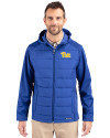 Pitt Panthers Cutter & Buck Evoke Hybrid Softshell Recycled Full Zip Mens Hooded Jacket Tour Blue Front Thumbnail Image
