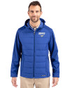 SMU Mustangs Cutter & Buck Evoke Hybrid Softshell Recycled Full Zip Mens Hooded Jacket Tour Blue Front Thumbnail Image