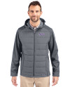 TCU Horned Frogs Cutter & Buck Evoke Hybrid Softshell Recycled Full Zip Mens Hooded Jacket Elemental Grey Front Thumbnail Image