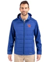 Ole Miss Rebels College Vault Cutter & Buck Evoke Hybrid Softshell Recycled Full Zip Mens Hooded Jacket Tour Blue Front Thumbnail Image