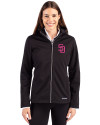 San Diego Padres City Connect Cutter & Buck Evoke Softshell Recycled Full Zip Womens Jacket Black Front Thumbnail Image