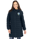 Los Angeles Chargers Historic Cutter & Buck Mission Ridge Repreve Eco Insulated Womens Long Puffer Jacket Navy Blue Front Thumbnail Image
