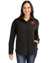 View image 1: Nebraska Cornhuskers Alumni Cutter & Buck Roam Recycled Buttery-Soft Knit Womens Button Down Shirt Jacket Black Front