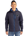 View image 4: Denver Broncos NFL Helmet Cutter & Buck Rainier Recycled Insulated Puffer Mens Full Zip Hooded Jacket Dark Navy Front