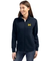 View image 4: Michigan Wolverines Cutter & Buck Roam Recycled Buttery-Soft Knit Womens Full Zip Jacket Navy Blue Front