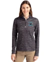 Carolina Panthers Historic Cutter & Buck Traverse Stretch Eco Camo Print Quarter Zip Womens Pullover Black Front Thumbnail Image