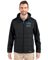 Carolina Panthers Historic Cutter & Buck Evoke Hybrid Softshell Recycled Full Zip Mens Hooded Jacket Black Front Thumbnail Image